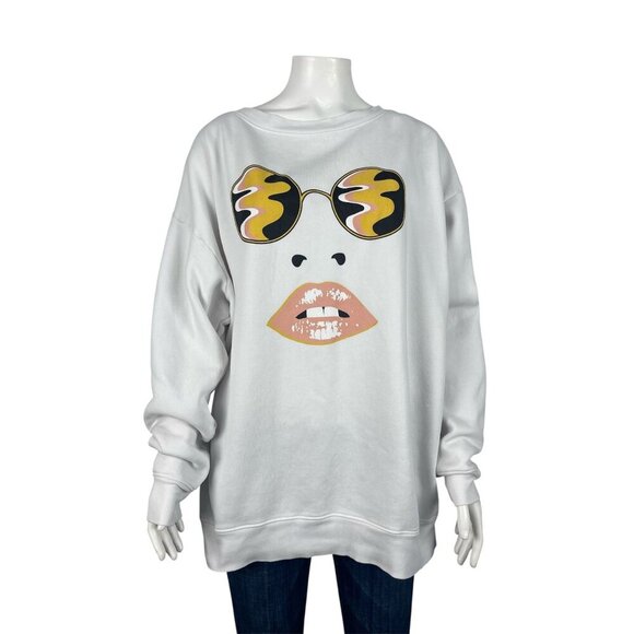 Wildfox Oversize Sweatshirt Medium White Womens Face Sunglasses Lips Pullover - Picture 1 of 7